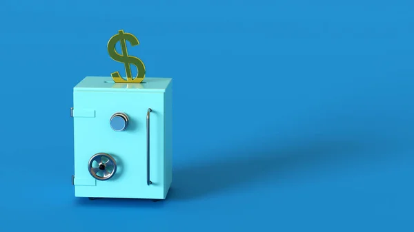 Επίχρυσο Σύμβολο Δολαρίου Κατεβαίνει Ένα Χρηματοκιβώτιο Μπλε Φόντο Χώρο Για — Φωτογραφία Αρχείου