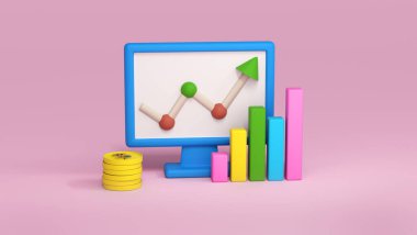 Finansal tablolu ekranı, çok renkli grafik sütunlarını ve pembe arka planda dolar sembolü olan şekillendirilmiş sikkeleri izleyin. 3 boyutlu görüntüleme. Finansal konsept. Para birimi pazarı