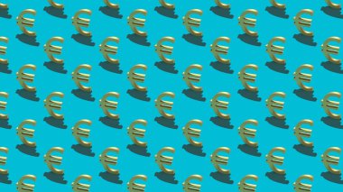 Altın euro sembolü ve mavi arka planda sert gölgesi olan kusursuz bir grafik deseni. 3 boyutlu görüntüleme. Finans kavramı