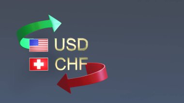 Tarafsız bir arkaplanda kırmızı ve yeşil bir okla çevrili İsviçre ve ABD bayraklarıyla birlikte altın kaplama USD ve CHF sembolleri. 3 boyutlu görüntüleme. Finans kavramı