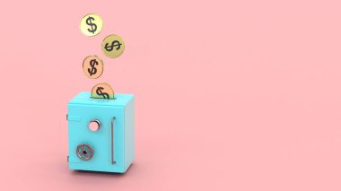 Dolar sembollü yaldızlı sikkeler mesaj veya logo için yeri olan pembe bir arka planda bulunan bir kasaya iniyor. Finans konsepti. Birikim, birikim. 3B görüntüleme