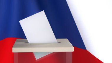 Mesaj veya logo için alanı olan boş oy pusulası Çek Cumhuriyeti bayrağının arka planına karşı oy sandığına atıldı. Seçim konsepti. 3 boyutlu görüntüleme. Model
