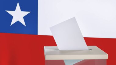 Blank ballot with space for text or logo is dropped into the ballot box against the backdrop of the flag of Chile. Election concept. 3D rendering. Mockup