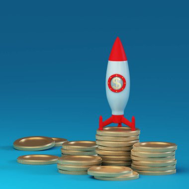 Rocket is set to launch on columns of metal coins on a blue background. Place for text and logo. Financial concept. Starting a business. 3D rendering