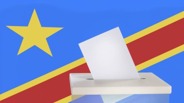 Blank ballot with space for text or logo is dropped into the ballot box against the backdrop of the flag of Congo. Election concept. 3D rendering. Mockup