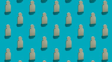 Seamless graphic pattern with a White wooden man and a hard shadow on a blue background. 3D rendering.