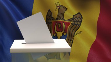 Blank ballot with space for text or logo is dropped into the ballot box against the backdrop of the flag of Moldova. Election concept. 3D rendering. Mockup