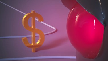 Kırmızı trafik ışığı yaldızlı dolar sembolünün hareketini yasaklıyor. Yakın plan. Finans konsepti. 3B görüntüleme