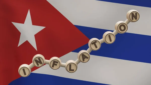 木制圆筒上刻有 通货膨胀 在古巴国旗的背景上以升降图为形式 文字或标志的位置 3D渲染 — 图库照片