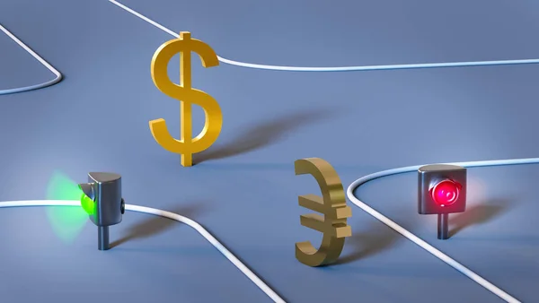 Gold-plated dollar symbol is walking down the road at a green traffic light. The euro symbol is in front of the red signal. Finance and investment concept. 3D rendering