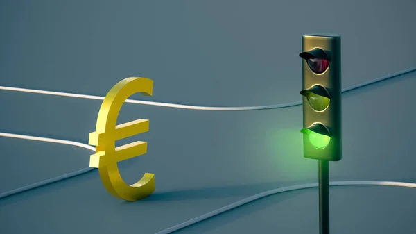 Símbolo Euro Banhado Ouro Está Andando Pela Estrada Semáforo Verde — Fotografia de Stock