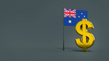 Avustralya bayrağının önündeki yaldızlı dolar sembolü tarafsız gri bir zemin üzerinde yazı ve logo için yer var. Finans konsepti. Dünya para birimleri. 3B görüntüleme