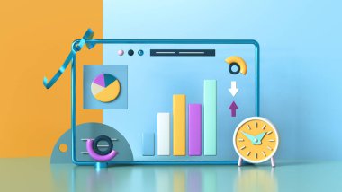 Dijital pazarlama, işletme, finans, veri analizi ve web geliştirme. Soyut grafikler. 3B görüntüleme