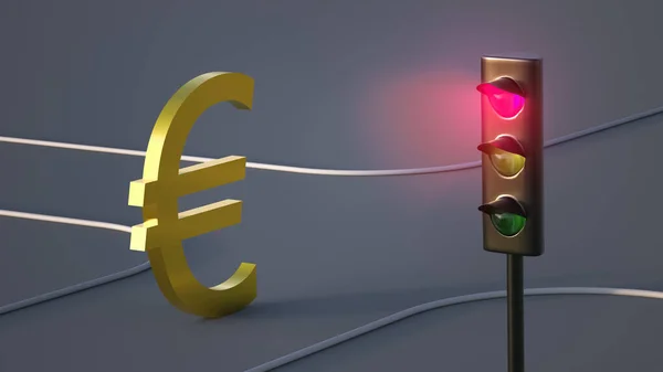 Gilded Euro Symbol Stands Road Front Red Traffic Light Finance — Stock Photo, Image