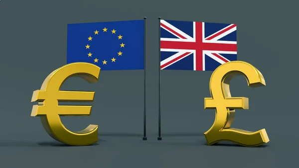 Gold-plated euro and British pound symbols with European Union and UK flags face each other on a neutral gray background. Finance concept. world currencies. 3D rendering.