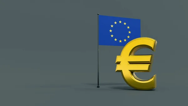 Σύμβολο Του Ευρώ Μπροστά Από Σημαία Της Ευρωπαϊκής Ένωσης Ουδέτερο — Φωτογραφία Αρχείου