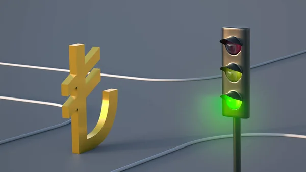 Das Vergoldete Türkische Lira Symbol Läuft Einer Grünen Ampel Die — Stockfoto