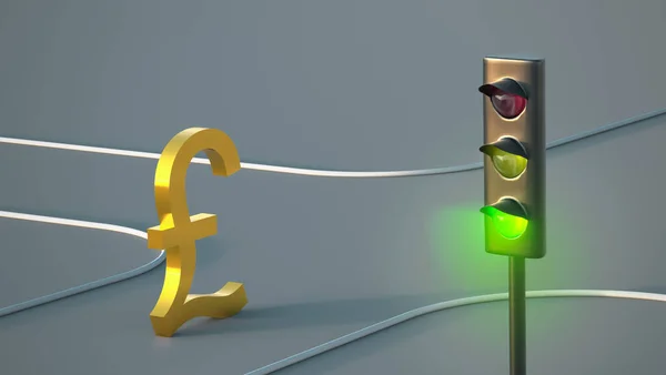 Позолоченный Британский Символ Фунта Идет Дороге Зеленом Светофоре Финансовая Концепция — стоковое фото