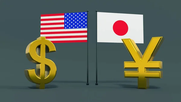 镀金的美元和日元符号与美国和日本国旗在中性的灰色背景下相向相对 财务概念 世界货币 3D渲染 — 图库照片