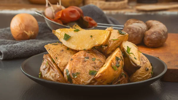 Large Slices Baked Potatoes Background Fermented Vegetables Close — ストック写真