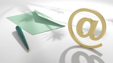 Masanın arka planında bir zarf ve tropik bitkiler şeklinde gölgeli bir kalem olan e-posta işareti var. Mesaj veya logo için yer. 3B görüntüleme.