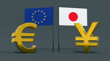 Avrupa Birliği ve Japonya 'nın bayraklarıyla altın kaplama avro ve yen sembolleri tarafsız gri bir arkaplanda karşı karşıya. Finans konsepti. Dünya para birimleri. 3B görüntüleme.