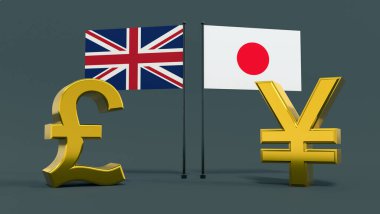 Büyük Britanya ve Japonya 'nın bayraklı altın kaplamalı İngiliz paundu ve yen sembolleri tarafsız gri arka planda karşı karşıya duruyorlar. Finans konsepti. Dünya para birimleri. 3B görüntüleme.