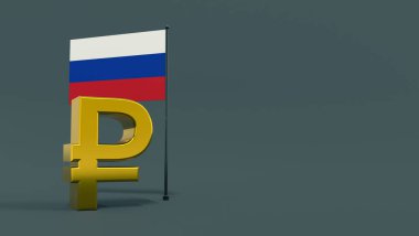 Tarafsız gri bir arkaplanda Rus bayrağının önündeki ruble sembolü metin ve logo için yer var. Finans konsepti. Dünya para birimleri. 3B görüntüleme