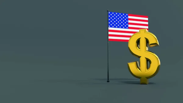 Vergoldetes Dollarsymbol Vor Der Flagge Auf Neutralem Grauen Hintergrund Mit — Stockfoto