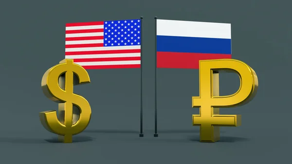 Долар Рубльові Символи Американським Російським Прапорами Стоять Один Навпроти Одного — стокове фото