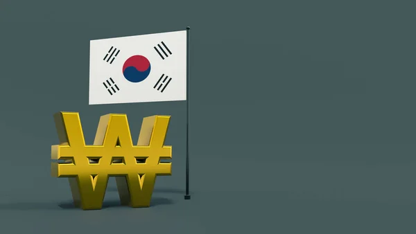 South Korean won symbol in front of the Republic of Korea flag on a neutral gray background with space for text and logo. Finance concept. world currencies. 3D rendering