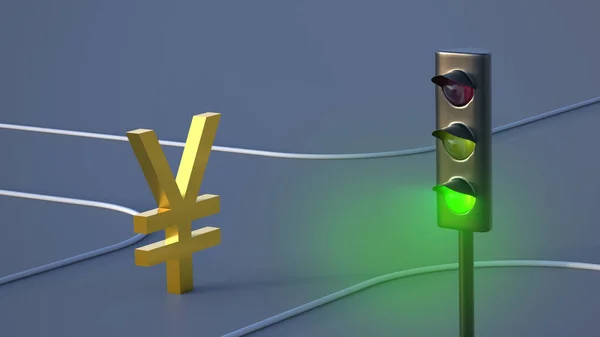 Das Vergoldete Yen Symbol Läuft Einer Grünen Ampel Die Straße — Stockfoto