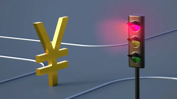 红色红绿灯前的路上站着镀金的日元标志 财务概念 3D渲染 — 图库照片