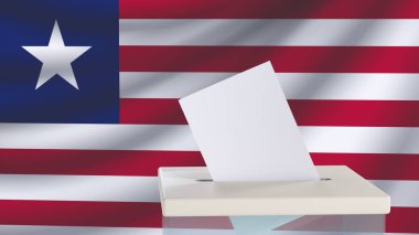 Blank ballot with space for text or logo is dropped into the ballot box against the background of the flag of Liberia. Election concept. 3D rendering. Mock up clipart