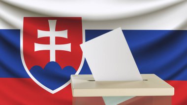 Slovakya bayrağının arka planına karşı oy sandığına mesaj veya logo için boşluk bırakıldı. Seçim konsepti. 3 boyutlu görüntüleme. Model