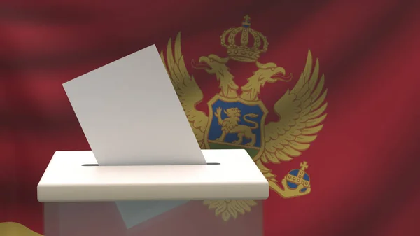 Фоне Флага Черногории Урну Голосования Опускается Пустой Бюллетень Пробелами Текста — стоковое фото