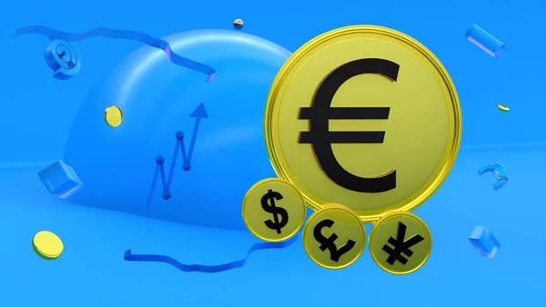 Euroszimbólummal Ellátott Aranyozott Érme Érmék Fölé Emelkedik Kék Alapon Más — Stock Fotó