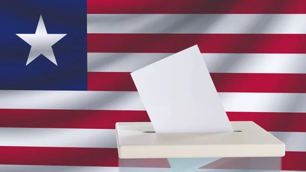 stock image Blank ballot with space for text or logo is dropped into the ballot box against the background of the flag of Liberia. Election concept. 3D rendering. Mock up