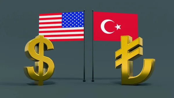 米国とトルコの国旗を持つドルとリラのシンボルは 中立的な灰色の背景で互いに反対しています 金融の概念 世界の通貨 3Dレンダリング — ストック写真