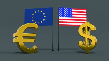 Avrupa Birliği ve ABD bayraklı altın kaplama avro ve dolar sembolleri tarafsız gri bir arkaplanda karşı karşıya. Finans konsepti. Dünya para birimleri. 3B görüntüleme.