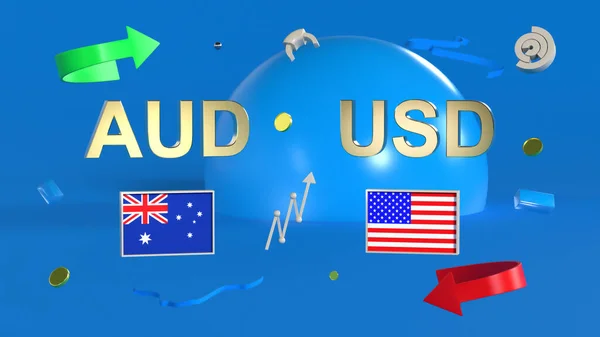 Aranybevonatú Aud Usd Szimbólumok Ausztráliával Usa Zászlókkal Absztrakt Alakzatokkal Nyilakkal — Stock Fotó