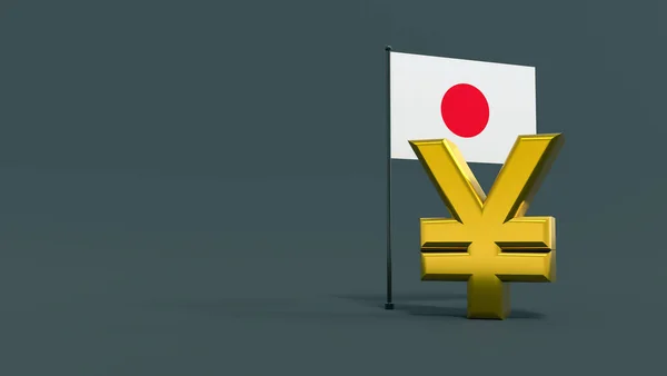 Yen Σύμβολο Μπροστά Από Σημαία Της Ιαπωνίας Ουδέτερο Γκρι Φόντο — Φωτογραφία Αρχείου