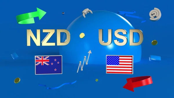 stock image Gold-plated NZD and USD symbols with New Zealand and US flags set against abstract shapes, arrows and charts. 3D rendering. Finance concept, forex