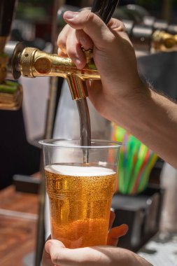 Barmen bir sokak kafesindeki plastik bardağa bira dolduruyor. Yakın plan.