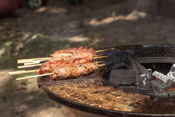 Los Kebabs Carne Pinchos Madera Hornean Sobre Carbones Parrilla Restaurante —  Fotos de Stock