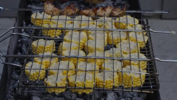 トウモロコシはオープングリルで炭のグリルで調理されます グリル バーベキュー ピクニック — ストック動画