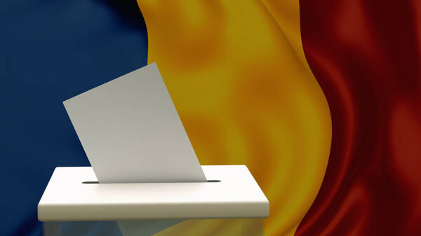 Blank ballot with space for text or logo is dropped into the ballot box against the background of the flag of Chad or Romania. Election concept. 3D rendering. Mock up