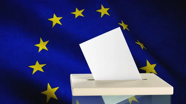 Európai Unió Zászlajának Hátterében Üres Szöveges Vagy Logós Szavazólapot Dobnak Stock Fotó