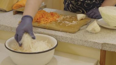 Kadın kabın içine ince dilimlenmiş lahana ve havuç koyar ve salata yapmak ya da fermente etmek için malzemeleri karıştırır. Düzgün beslenme ve sağlıklı yaşam tarzı kavramı..