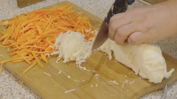 Mit Einem Küchenmesser Schneidet Der Koch Weißkohl Und Möhren Auf — Stockvideo